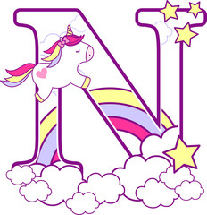 initial n with cute unicorn and rainbow. can be used for baby birth announcements, nursery decoration, party theme or birthday invitation. Design for baby and children
