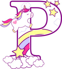 initial p with cute unicorn and rainbow. can be used for baby birth announcements, nursery decoration, party theme or birthday invitation. Design for baby and children