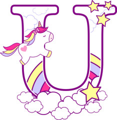 initial u with cute unicorn and rainbow. can be used for baby birth announcements, nursery decoration, party theme or birthday invitation. Design for baby and children