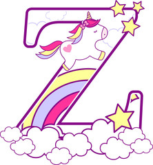 initial z with cute unicorn and rainbow. can be used for baby birth announcements, nursery decoration, party theme or birthday invitation. Design for baby and children