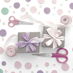 Two gift boxes on festive pastel confetti background.