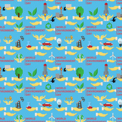 Fototapeta na wymiar seamless pattern flat_2_ of elements for design palm holds various items of human activities the theme for world environment day, the background is isolated