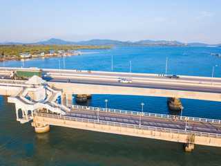 Aerial view of Sarasin Bridge, The bridge is a between Phang Nga and Phuket