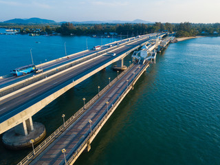 Aerial view of Sarasin Bridge, The bridge is a between Phang Nga and Phuket