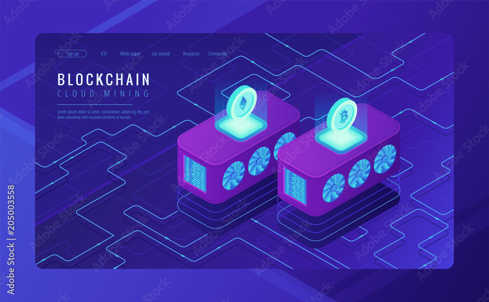 Wall mural isometric cloud mining landing page concept. dedicated cloud data centers for blockchain cryptocurre