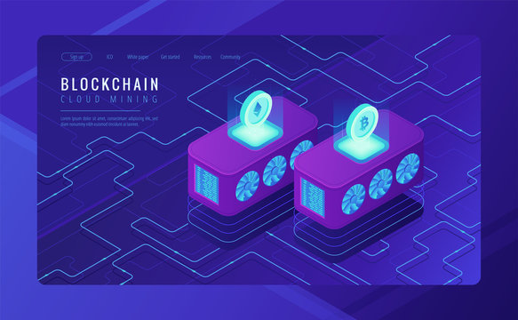 Isometric cloud mining landing page concept. Dedicated cloud data centers for blockchain cryptocurrencies mining as an investment on ultraviolet background. Vector 3d isometric illustration