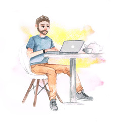 watercolor man work with laptop in cafe on freelance on yellow and pink background - 205007301