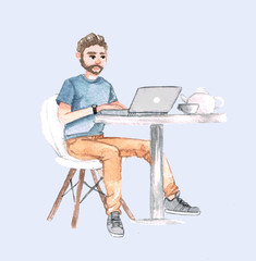 watercolor man work with laptop in cafe on freelance on grey background - 205007304