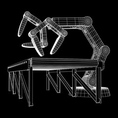 Robotic arm manufacture technology industry assembly mechanic hand and regular empty roller conveyor section wireframe low poly mesh vector illustration