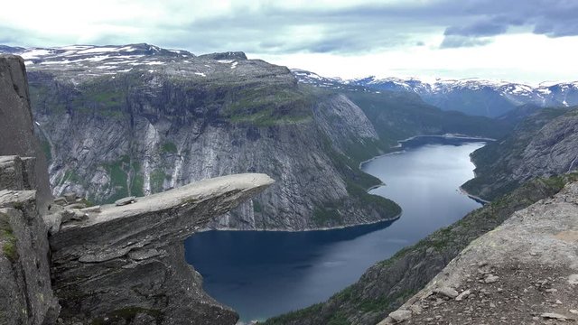 Aerial Vibrant View on famous Norwegian tourist place Trolltunga Path. 4K Ultra HD