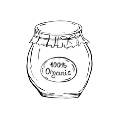 Decorative jars with jam. Pickles. Blanks for the winter. Hand drawing. For your design. Bright.