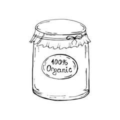 Decorative jars with jam. Pickles. Blanks for the winter. Hand drawing. For your design. Bright.