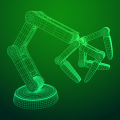 Robotic arm manufacture technology industry assembly mechanic hand wireframe low poly mesh vector illustration
