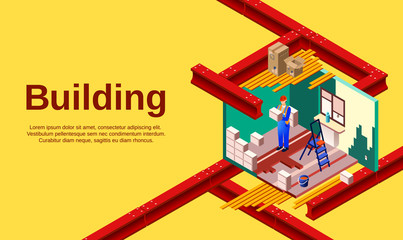 Building vector illustration of room construction technology and builder work in cross section. Poster for real estate office and house build industry or worker man at brickwork and construction tools