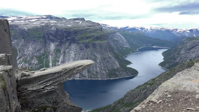 4K Timelapse of Norway Mountains Landscape. Famous Norwegian tourist place Trolltunga Path
