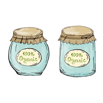 Decorative jars with jam. Pickles. Blanks for the winter. Hand drawing. For your design. Bright.