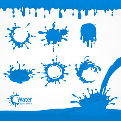 Blue water drops and splash, set of paint dripping liquid drips