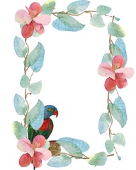 watercolor illustration of twigs, flowers and a parrot