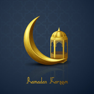 Ramadan Kareem greeting background with crescent moon and arabic lantern