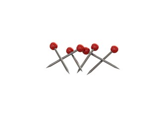 The image 3 dimensions of pins, embroidered red paper on white background