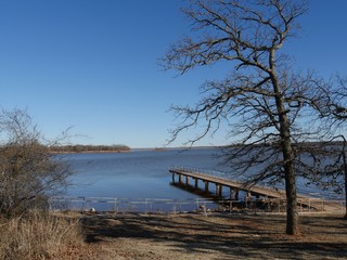 Fototapeta na wymiar Leafless tree with a wooden dock with railings Thunderbird Lake State park on a cold day 