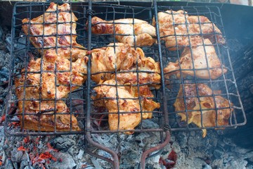 barbecue chicken in the grill is roasted on the coals close up