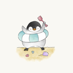 Happy penguin playing at a beach