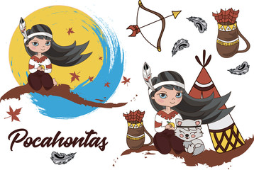 Cartoon Clipart POCAHONTAS Color Vector Illustration Magic Beautiful Picture Paint Drawing Set Scrapbooking Baby Book Fairytale Greeting Print Card Album Digital Paper Birthday
