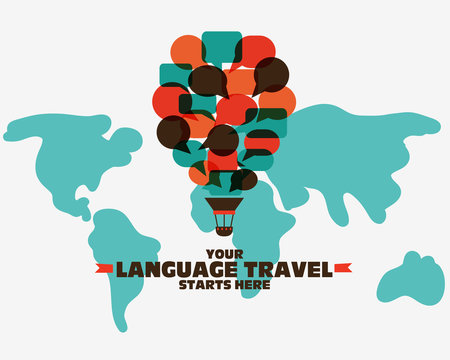 Your language travel starts here. Poster design with hot air balloon made of speech bubbles