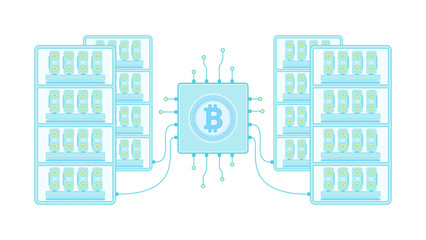 GPU is a mining farm in a flat style. Equipment for Mining Bitcoin. The concept of mining crypto currency on video cards. Vector illustration