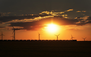 Fototapeta na wymiar Sunset with wind turbines in Dobrogea , Romania