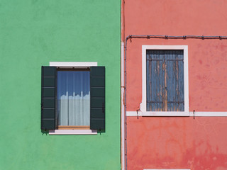 Burano, Venezia, Italy. Details of the windows of the colorful houses in Burano island