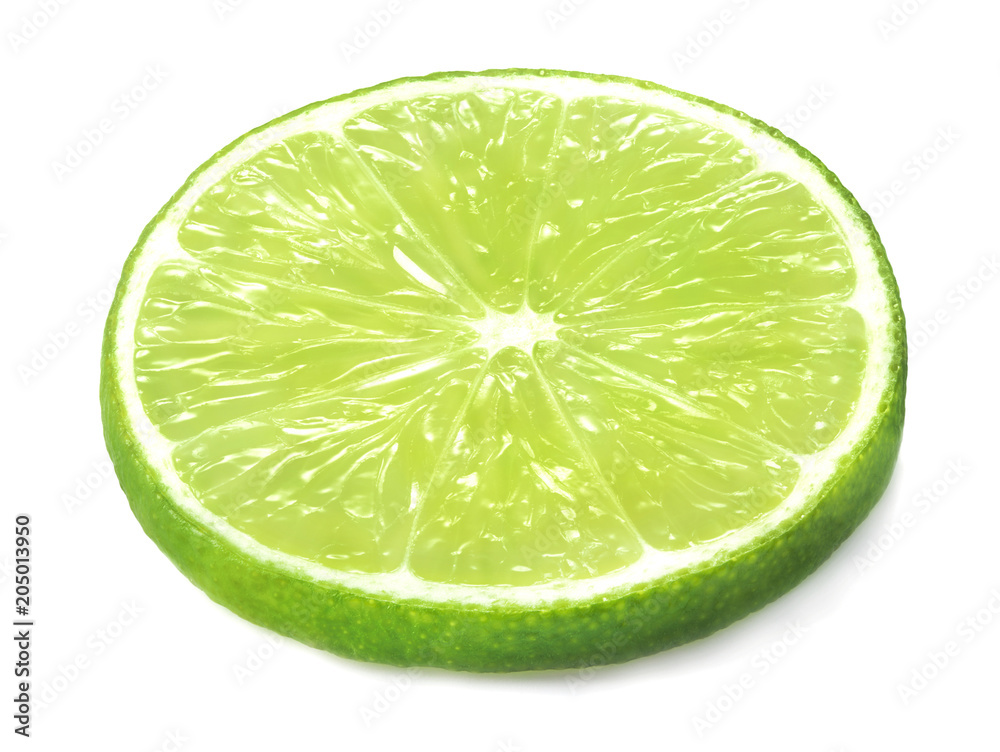 Wall mural single slice of lime isolated on whtie background