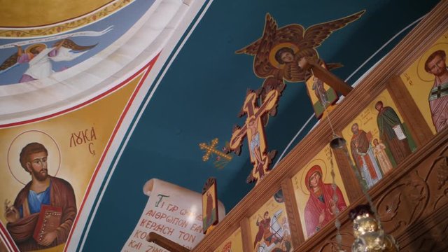Icon of Jesus in the cross in orthodox church.Slow motion 100fps