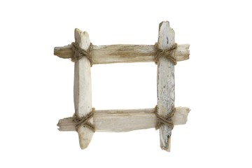 Driftwood frame.  frame of white sea snags and twine isolated on white background. Driftwood Mockup.Blank empty .  top view, copy space