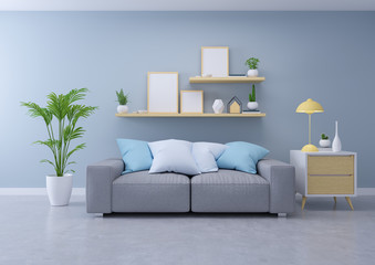 Modern design  interior of living room, gray sofa on concrete flooring and blue wall ,house decoration ideas,3d rendering