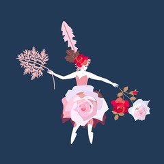 Beautiful girl in floral dress. Big pink rose as skirt. Elegant fairy with flowers and leaves. Vector illustration.