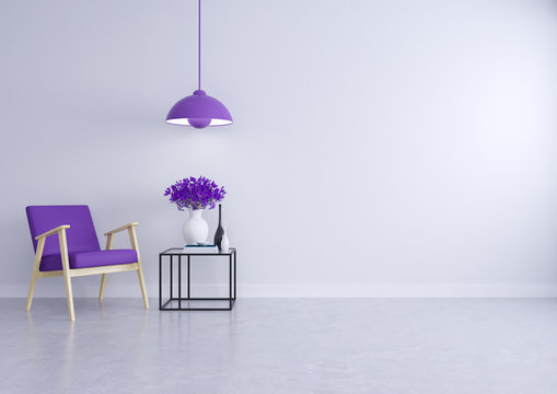 Modern loft  interior of living room with The purple sofa is near flower on the table under a lamp  on white  wall and concrete floor,Ultraviolet home decor concept  ,3d illustration