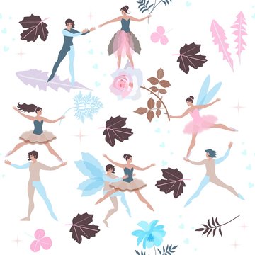 Cute cartoon fairies and elves with beautiful leaves and flowers isolated on white background. Seamless pattern in vector. Print for fabric, paper, wallpaper, wrapping design.