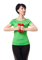 girl posing with dumbbells in studio, isolate on white background, sport and health concept