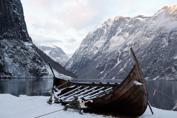 old viking boat in Sognefijord Norway