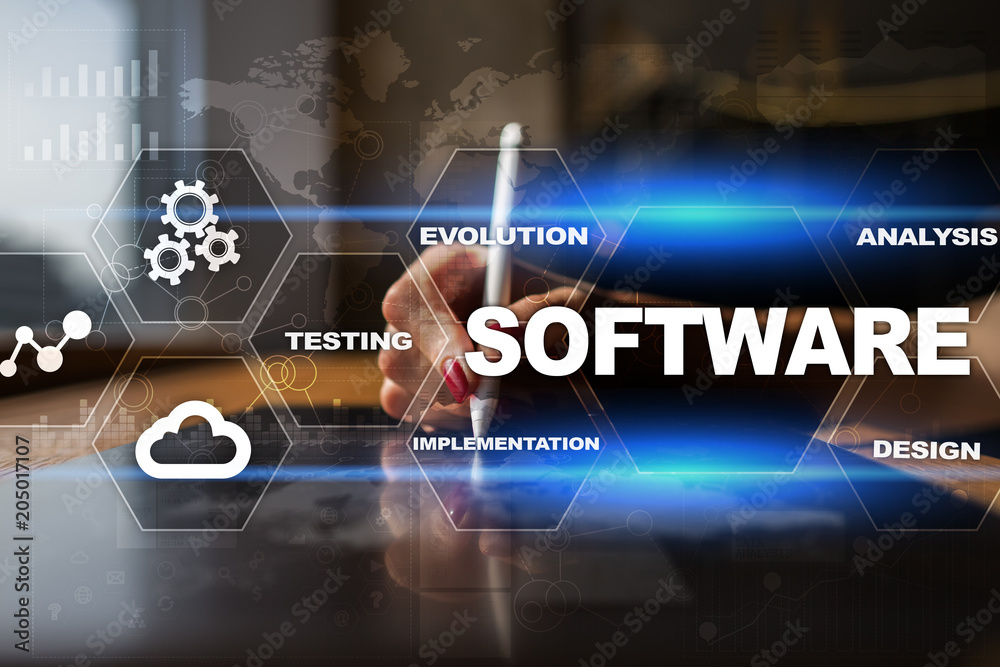 Aufkleber software development. data digital programs system technology concept.