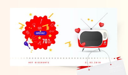 Obraz premium Super sale 70% off. The concept for big discounts with doodle icon, a retro TV and red hearts on a light background. Flat vector illustration EPS10