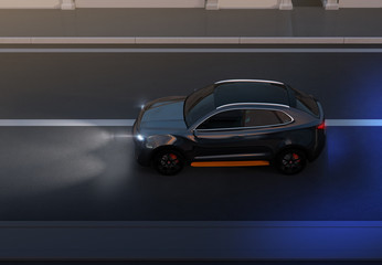 Fototapeta na wymiar Side view of black SUV driving on the road. night traffic scene. 3D rendering image.