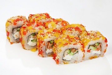 Rolls Sakura (eel, bell pepper, cucumber, tomato, spice sauce, sesame)