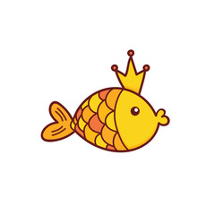 Doodle, hand drawn vector illustration of golden fish character in crown. 
