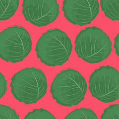 Seamless pattern with vegetables on a bright background. Green cabbage on a pink background. Vegetable print. Vector illustration