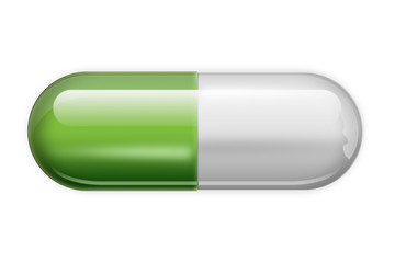A tablet in the form of capsules of green color, isolated on white background. The concept of medicine, treatment, treatment.