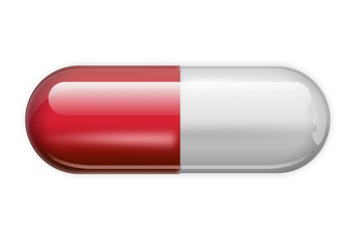 A pill in the form of capsules of red color, isolated on white background. The concept of medicine, treatment, treatment.