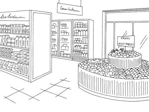 Grocery store graphic shop interior black white sketch illustration vector